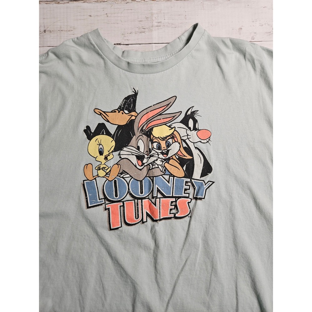 Looney‎ Tunes Graphic T-Shirt Medium Sage Green Bugs Bunny Lola Duck Sylvester